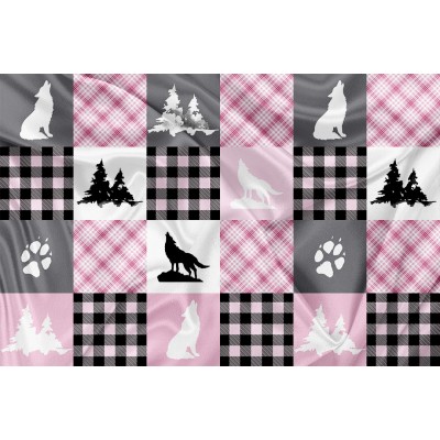 Printed Cuddle Minky Patchwork Pink Wolf - PRINT IN QUEBEC IN OUR WORKSHOP